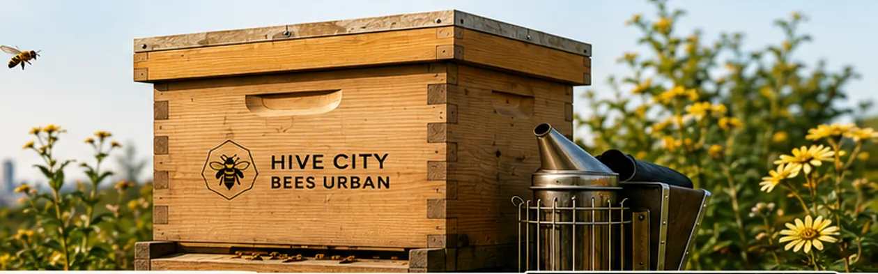 Wooden beehive and beekeeping equipment in a flower garden near a city